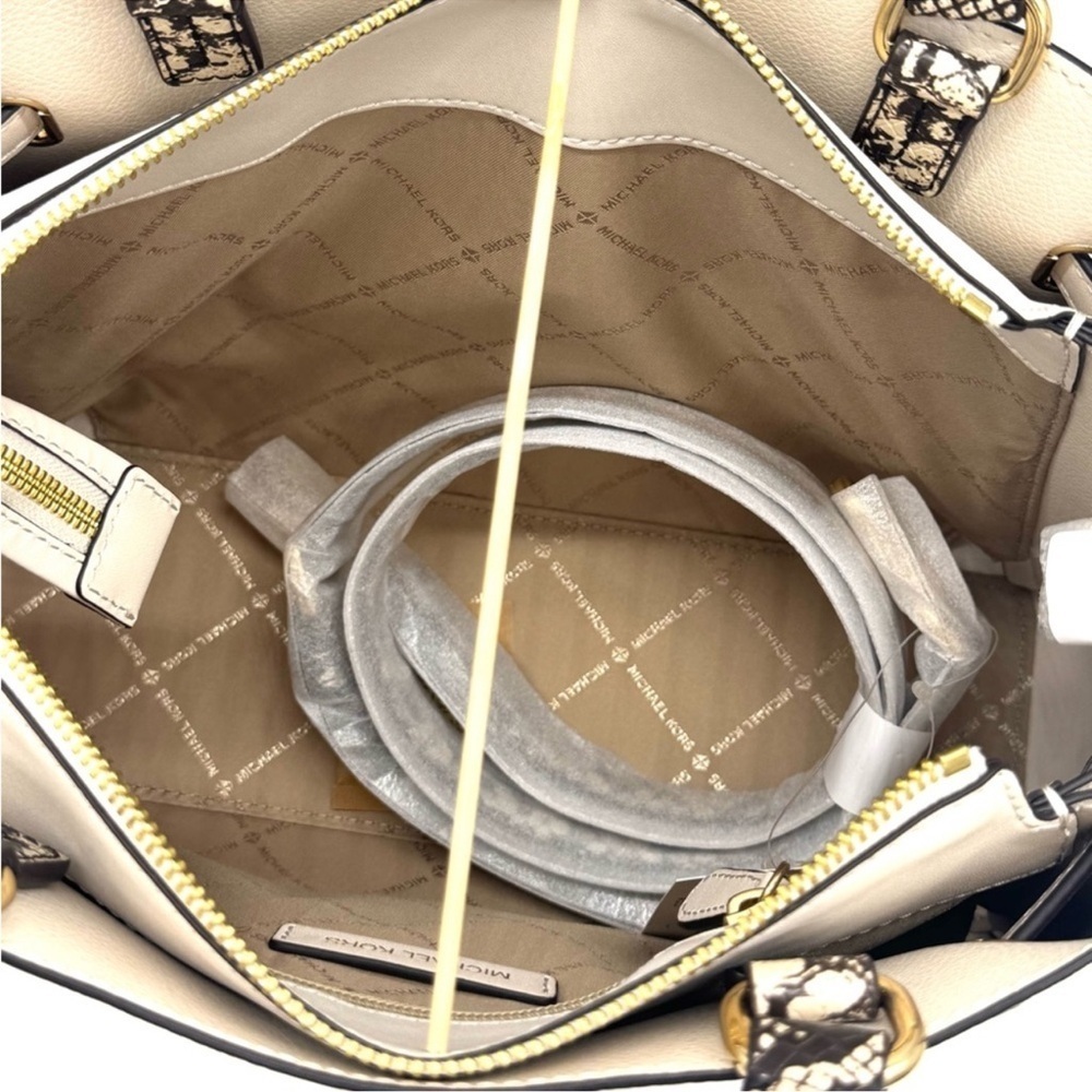 Michael Kors Large Reed CZ Belted Satchel Bag Light Cream Multi - Picture 10 of 12